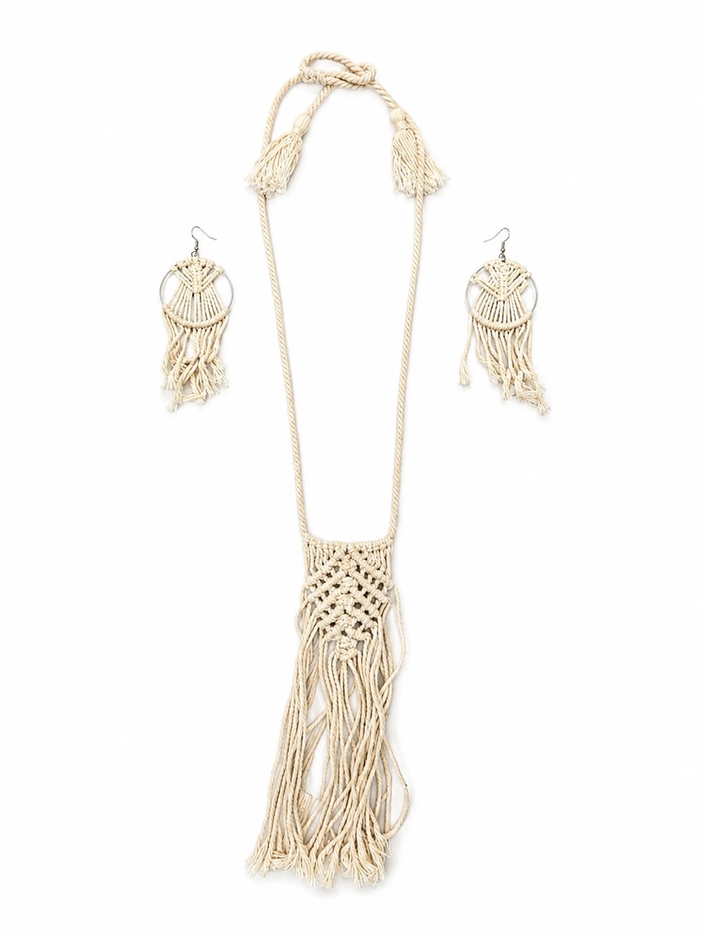 Boho Macrame Necklace & Earrings Set Cream Fringe Statement Jewelry